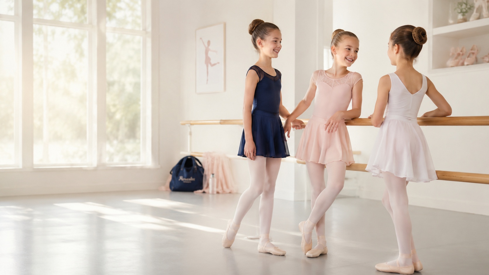 Young dancers in a bright ballet studio.